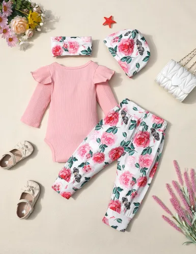 Miniatura 5 de KANGKANG Ropa de bebé recién nacida Hi I'm New Here, traje para recién nacido, mameluco para bebé, pantalones florales, lindos trajes de bebé niña
