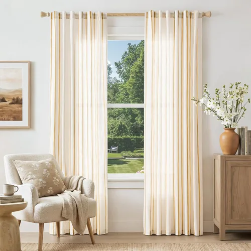 Miniatura 12 de Vangao Cortinas de lino a rayas para sala de estar, dormitorio, casa rural con estampado de rayas de tictac, cortinas impresas con ojales