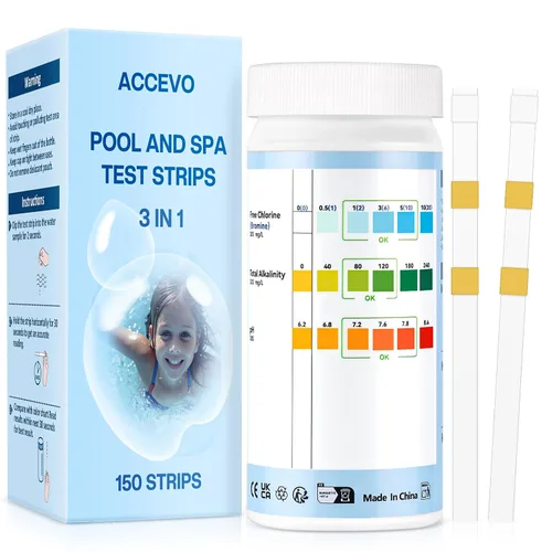 Accevo Tiras de prueba para bañera de hidromasaje, kit de prueba de agua de piscina 3 en 1 para cloro/bromo, pH, alcalinidad total, tiras de prueba