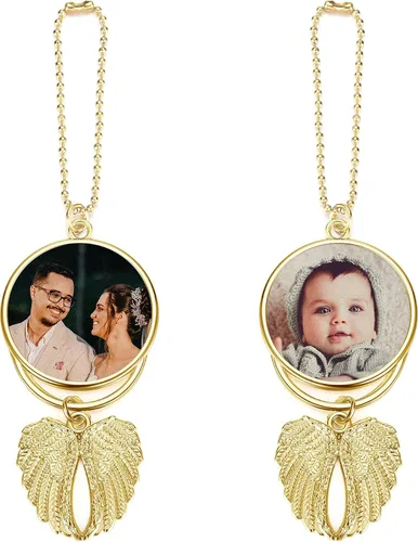 PiercingJ Adorno Colgante Personalizado con Foto para Espejo Retrovisor de Coche, Adorno Colgante de Coche con Imagen a Doble Cara, Grabado de Alas