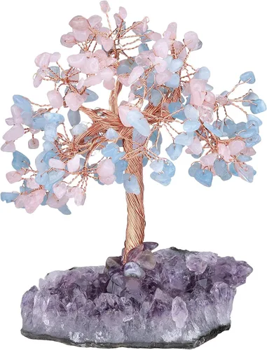 Miniatura 12 de mookaitedecor Árbol de cuarzo rosa natural, cuarzo de roca y cristal citrino con base de cristal de racimo de amatista, figuras de árbol de dinero