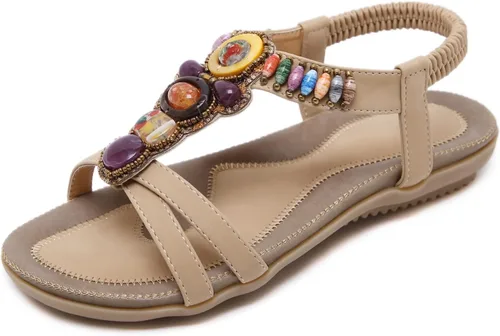 SHIBEVER Sandalias bohemias para mujer de verano con cuentas y tirantes delgados al tobillo, zapatos elegantes