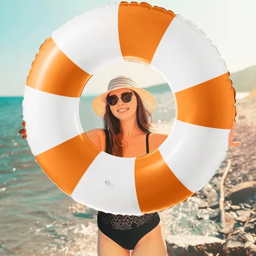 Miniatura 5 de Foilswirl Flotadores inflables jumbo de 47.24 pulgadas para piscina, anillos de piscina a rayas azules y blancas, tubo inflable para mujeres Naranja