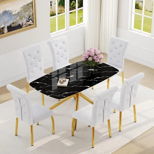 Miniatura 17 de Juego de mesa de comedor moderna para mesa de comedor negra de 4,63 pulgadas, juego de 4 con patas de metal dorado, mesa de cocina rectangular