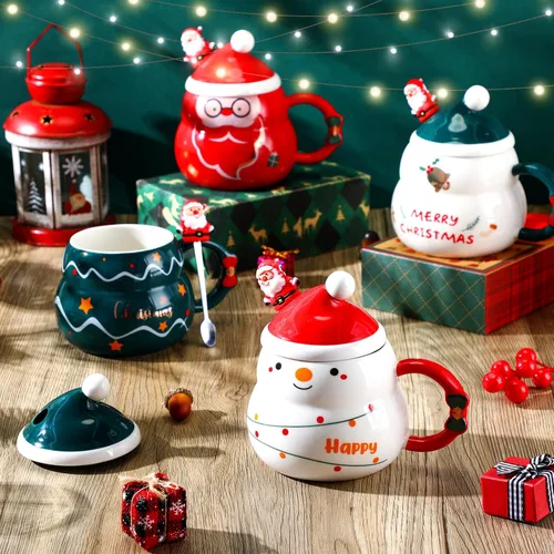 Miniatura 4 de Yaomiao 4 Tazas de Navidad con Tapa de Gorro de Santa y Cuchara 16 oz Taza de Café de Cerámica Linda de Navidad Árbol Festivo Campana Santa Muñeco