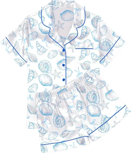 Miniatura 22 de Ekouaer Conjunto de pijama de satén de seda para mujer, suave, de manga corta, con botones, ropa para dormir, camiseta y pantalones cortos, juego