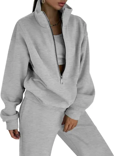 Miniatura 6 de COZYPOIN Conjunto deportivo de 2 piezas para mujer, sudadera de forro polar con cremallera media y pantalones de chándal de forro polar