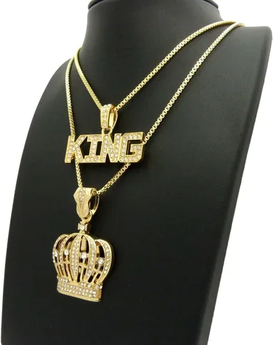Miniatura 6 de Bright Jewelers USA - Juego de 2 collares para hombre, corona de rey negro y oro, diseño de hip hop