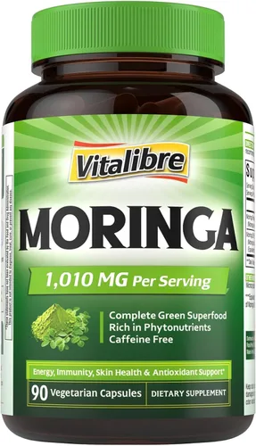 Vitalibre Moringa 1,010 mg, potencia máxima, superalimento verde completo, rico en antioxidantes, sin gluten ni cafeína, sin OMG, energía, inmune,