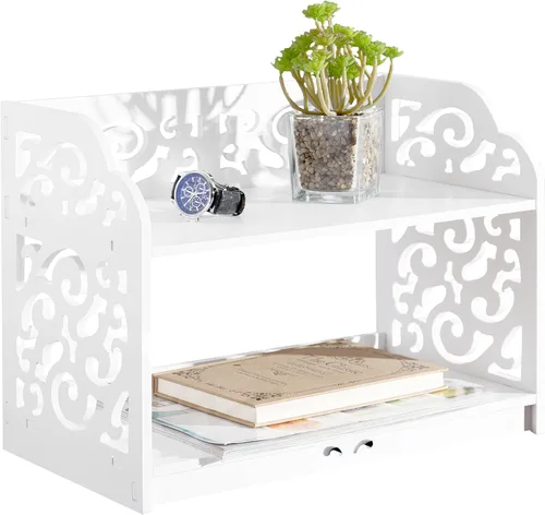 MyGift Estante organizador de escritorio blanco vintage de 2 niveles con diseño recortado de desplazamiento para escritorio de oficina en casa, sala