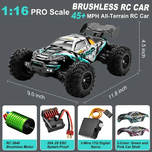 Miniatura 2 de Auto RC sin escobillas a escala 1:16 para adultos, alta velocidad de 45+ MPH, camión RC 4WD impermeable todo terreno con 2 baterías y controlador