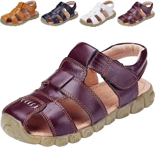 DADAWEN - Sandalias deportivas de cuero para niños y niñas, puntera cerrada, para exteriores (para bebés, niños pequeños y grandes)