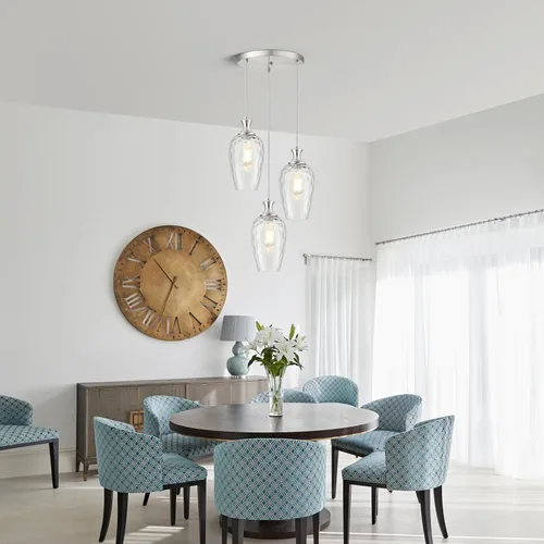 Miniatura 6 de Lámpara colgante de 3 luces, moderna lámpara de araña de níquel cepillado para comedor sobre mesa con vidrio martillado, luces colgantes de racimo