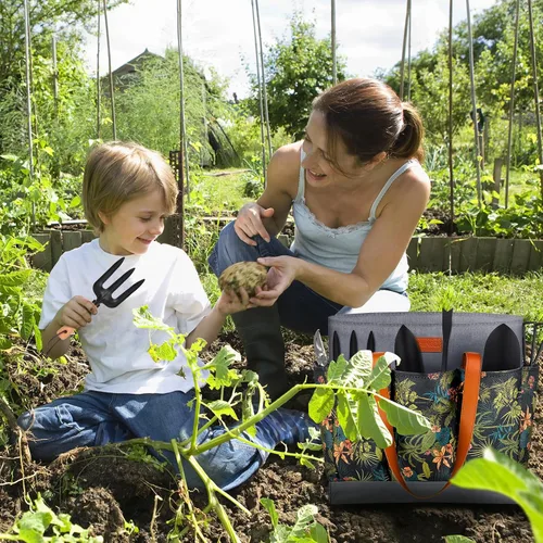 Miniatura 6 de YAUNGEL Herramientas de jardín - Juego de 10 herramientas de jardín de acero inoxidable resistente, herramientas de mano con mango de madera, bolsa