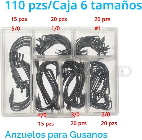 Miniatura 2 de Afmivs Ganchos de gusano para anzuelos de pesca de lubina, 110pcs anzuelos de lubina para pesca, 6 tamaños de ganchos de pesca de agua dulce
