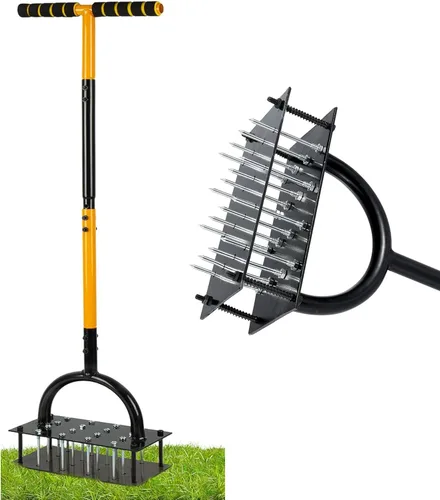 Herramienta aireadora de césped, césped con 15 picos de hierro, limpieza automática de hojas y suciedad con diseño de resorte, aireador manual de