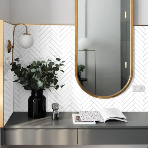 Miniatura 4 de Vamos Tile Azulejo Blanco Brillante de Dolomita Despegar y Pegar para Salpicaderas - 10 Hojas Azulejos de PVC Autoadhesivos en Espiga para Pegar