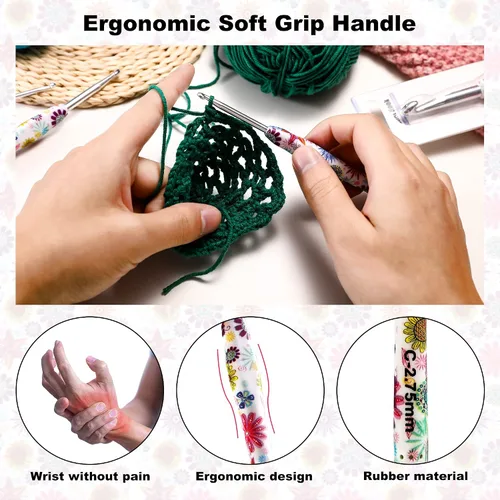 Miniatura 5 de Gancho de Crochet de 2.25mm, Mango Ergonómico para Manos con Artritis, Agujas de Tejer Extra Largas de Goma Suave para Principiantes y Tejido