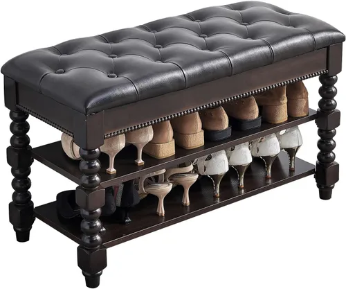 Miniatura 8 de Banco de almacenamiento de zapatos, zapatero de entrada con asiento de cuero de fibra de 2 niveles, organizador superior de madera para entrada