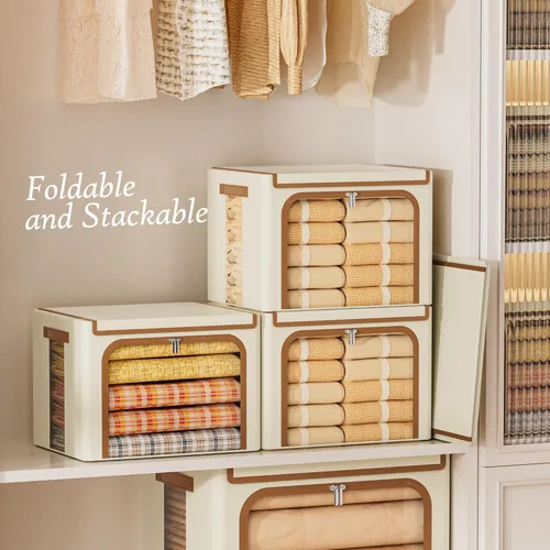 Miniatura 6 de Yecaye Cajas de Almacenamiento de Ropa con Marco de Metal, Caja de Almacenamiento de Ropa Plegable con Tapa, Caja Organizadora Apilable de Tela