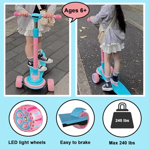 Miniatura 4 de Patinete plegable para niños de 3 a 12 años, 5 alturas ajustables con 3 ruedas de luz LED, actividades al aire libre para niños y niñas, carga Rosa