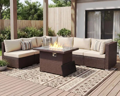 Miniatura 2 de BULEXYARD Juego de 7 piezas de muebles de patio con respaldo alto con mesa para fogata de propano/gas natural de doble combustible, sofá seccional