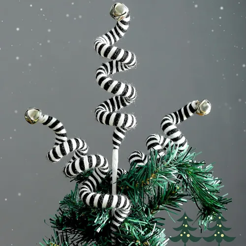 Miniatura 5 de Juego de 4 adornos para árbol de Navidad, picos rizados de color negro y blanco, campanas de lana, adornos para Halloween, hogar, oficina, fiesta