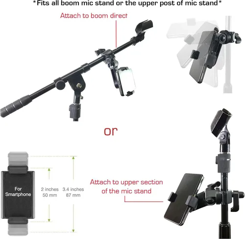 Miniatura 3 de AccessoryBasics, Music Boom, soporte para micrófono y celulares con base giratoria de 360º ajustable para Smartphone Apple iPhone X 8 7 Plus 6s