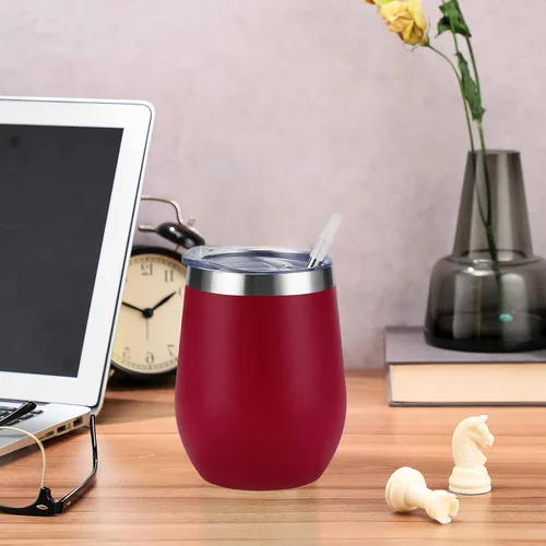 Miniatura 3 de Vaso de vino de acero inoxidable de 12 oz, doble pared con aislamiento al vacío con tapa y pajita, vaso de vino sin tallo de acero inoxidable