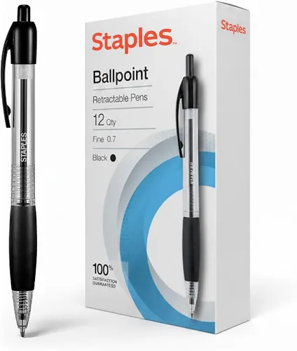 STAPLES Bolígrafos retráctiles de punta media de 1.0 mm, tinta negra, paquete de 12 – Bolígrafos cómodos y de escritura suave para uso diario en la