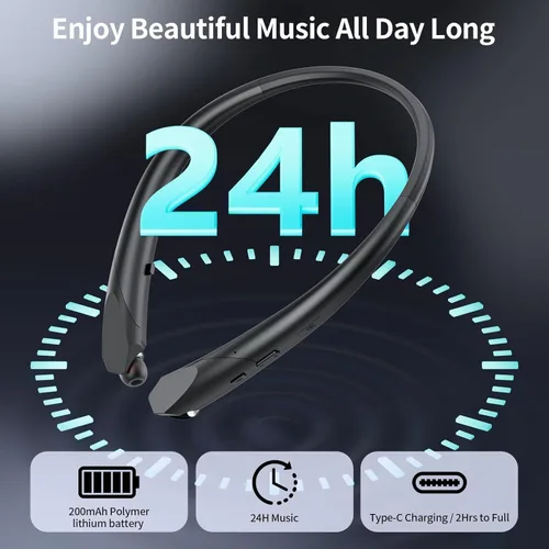 Miniatura 3 de Auriculares Bluetooth con banda para el cuello con cables retráctiles, batería de 24 horas, auriculares inalámbricos IPX5 a prueba de sudor, sonido