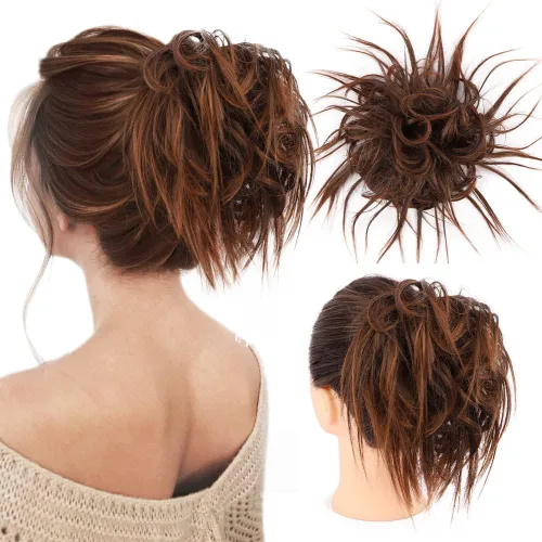 Miniatura 24 de HMD - Extensiones de cabello tipo chongo alborotado con rodelo despeinado, banda elástica de goma, extensiones de cabello sintético para mujer