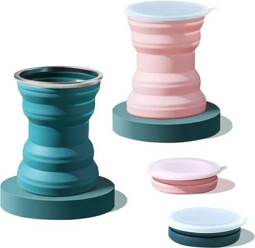 Vaso de viaje plegable de silicona, paquete de 2 vasos de silicona plegables de 10.8 fl oz con tapa, juego de vasos expandibles, taza reutilizable