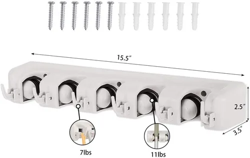 Miniatura 5 de C-CHAIN Soporte para trapeador y escoba, 5 posiciones con 6 ganchos, almacenamiento de garaje con capacidad para hasta 11 herramientas, organizador