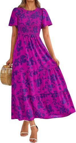 Miniatura 12 de PRETTYGARDEN - Vestido largo casual de verano para mujer, manga corta acampanada, bohemio, floral, cuello redondo, vestido blusón, escalonado