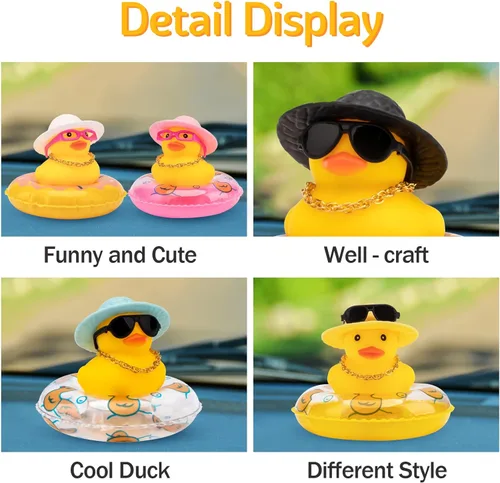 Miniatura 3 de wonuu Pato de goma para automóvil, decoración de pato amarillo con sombrero para el sol, anillo de natación, collar, gafas de sol para decoración