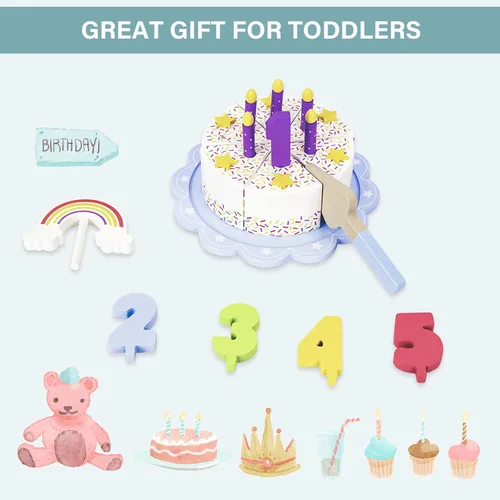 Miniatura 5 de Comida de Juego de Simulación para Niños Pequeños de 2-5, Pastel Falso de Cumpleaños de Madera con Velas y Números, Juguetes de Regalo de Cocina