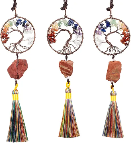 Miniatura 6 de rockcloud Adorno colgante de árbol de la vida de 7 chakras con borla de piedra cruda irregular para pared, automóvil, hogar, boda, jaspe rojo