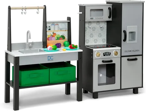 Miniatura 18 de Delta Children - Cocina de juguete Gourmet Todo en Uno de Rincón - Juego de cocina con estufa segura y sin calor con luces, horno, fregadero, Gris