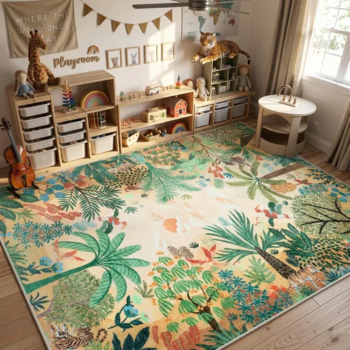 Miniatura 12 de LIVEBOX Alfombra lavable con estampado de animales de la jungla de 5 x 7 pies en azul para sala de estar, alfombras antideslizantes para dormitorio