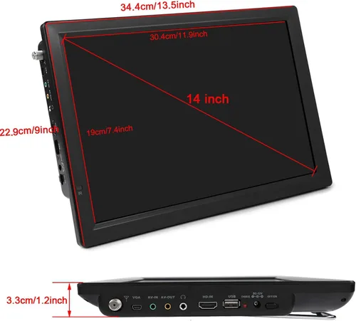 Miniatura 7 de Yoidesu TV portátil de 14 pulgadas con sintonizador ATSC, TV a batería con HDMI, SD/MMC, USB, VGA, entrada y salida AV y control remoto, TV