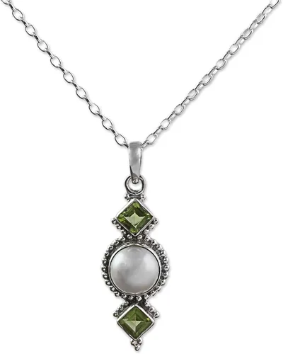 NOVICA Collar con colgante de peridoto de perlas de agua dulce cultivadas de plata de ley 925 hecha a mano de la India, piedra natal verde y blanca