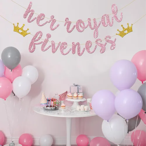 Miniatura 7 de INNORU Cartel con texto en inglés "Her Royal Fivenity" - Decoración de fiesta de cumpleaños número 5 para niñas, suministros de decoración de fiesta