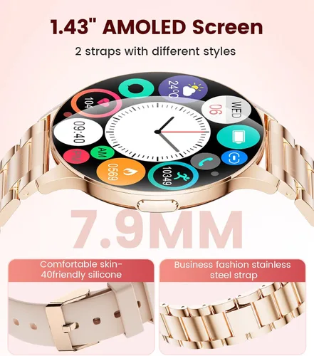Miniatura 4 de LIGE Relojes inteligentes para mujer, llamadas/recordatorios, rastreadores de actividad ultrafinos AMOLED de 1.43 pulgadas con monitor de frecuencia
