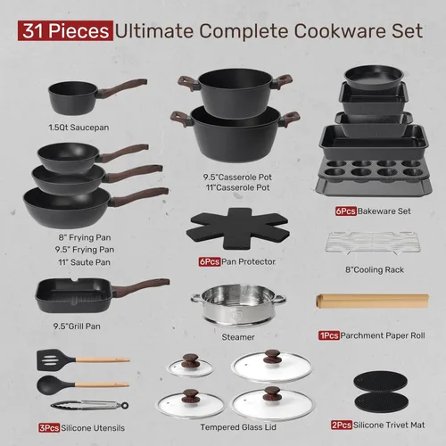 Miniatura 2 de Kikcoin Juego de ollas y sartenes antiadherentes de 31 piezas de cocina antiadherentes con sartén para parrilla, cacerola para hornear, color negro