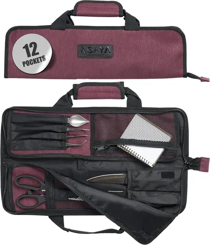 Bolsa enrollable para cuchillos de chef Asaya - 12 bolsillos para cuchillos y utensilios de cocina - Nylon ligero, duradero y resistente a manchas -