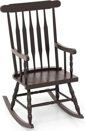 Miniatura 10 de Giantex Mecedora de madera para exteriores, mecedora de patio con marco de madera de goma maciza, respaldo de listones, balancín exterior e