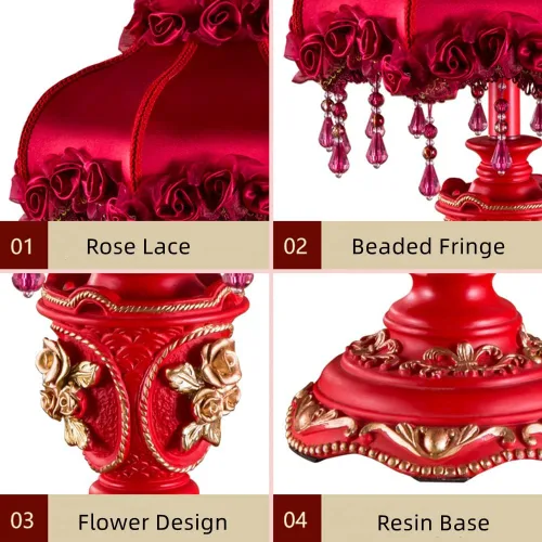 Miniatura 4 de Lámpara Victoriana Roja de Tela Antigua Lámpara de Mesa Pastoral Europea Lámpara de Mesita de Noche 1 Cabeza Flor Floral Luz de Mesa con Flecos