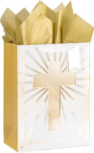 Miniatura 13 de Loveinside Bolsa de regalo azul, bolsa de regalo con diseño de cruz religiosa y puntos con papel de seda, etiqueta para bautismos de bebé, baby