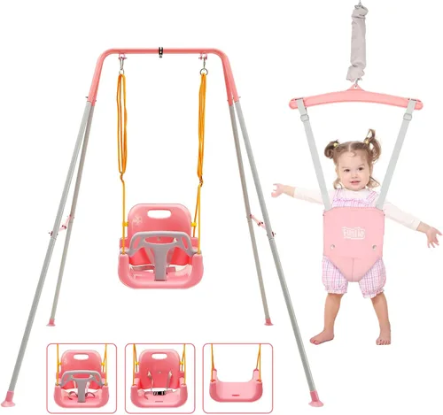 FUNLIO Juego de columpios 2 en 1 para niños pequeños y saltador para bebés, columpio resistente para niños y saltador con 4 sacos de arena, soporte